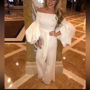 Off-Shoulder Ivory White Petal Sleeve Jumpsuit